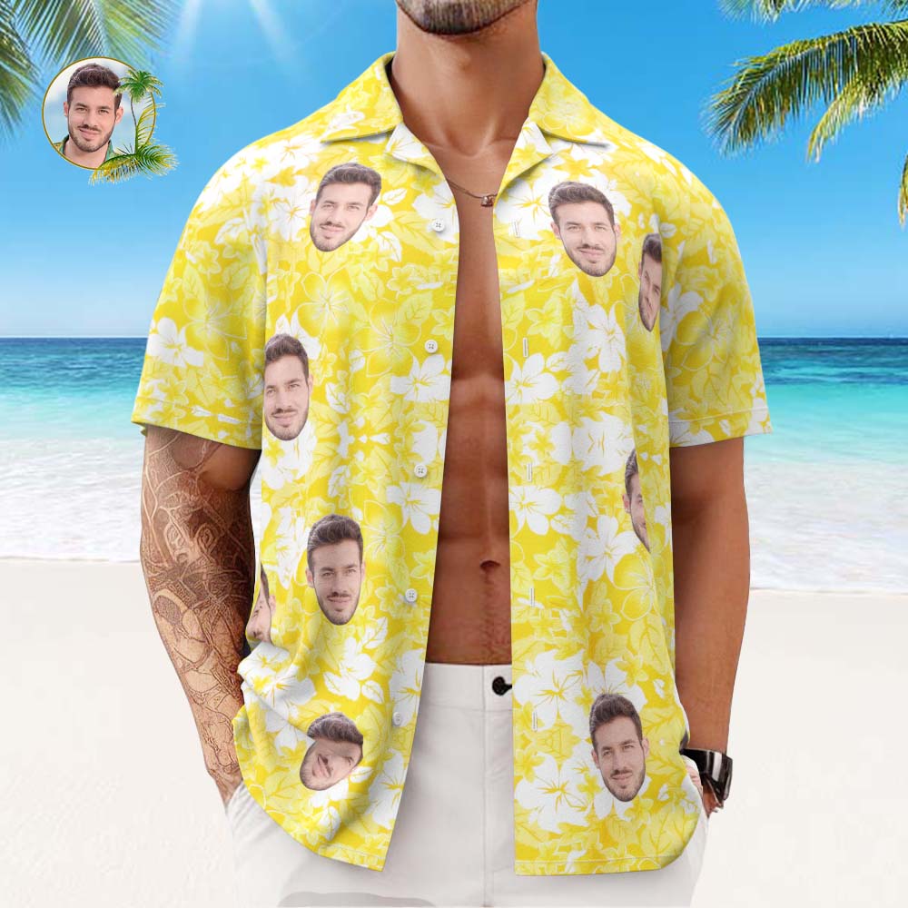 Custom Face Hawaiian Shirt Men's All Over Print Aloha Shirt Gift - Yellow - MyHawaiianShirts