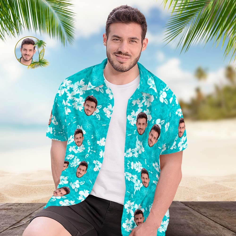 Custom Face Hawaiian Shirt Men's All Over Print Aloha Shirt Gift - Blue - MyHawaiianShirts