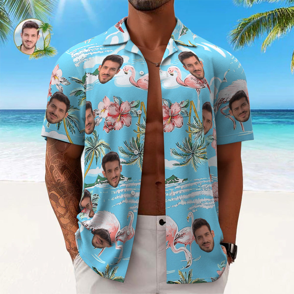 Custom Face Hawaiian Shirt Men's All Over Print Aloha Shirt Gift - Pink Flamingos and Flowers - MyHawaiianShirts