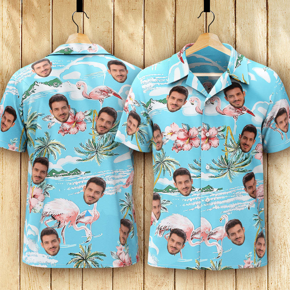 Custom Face Hawaiian Shirt Men's All Over Print Aloha Shirt Gift - Pink Flamingos and Flowers - MyHawaiianShirts