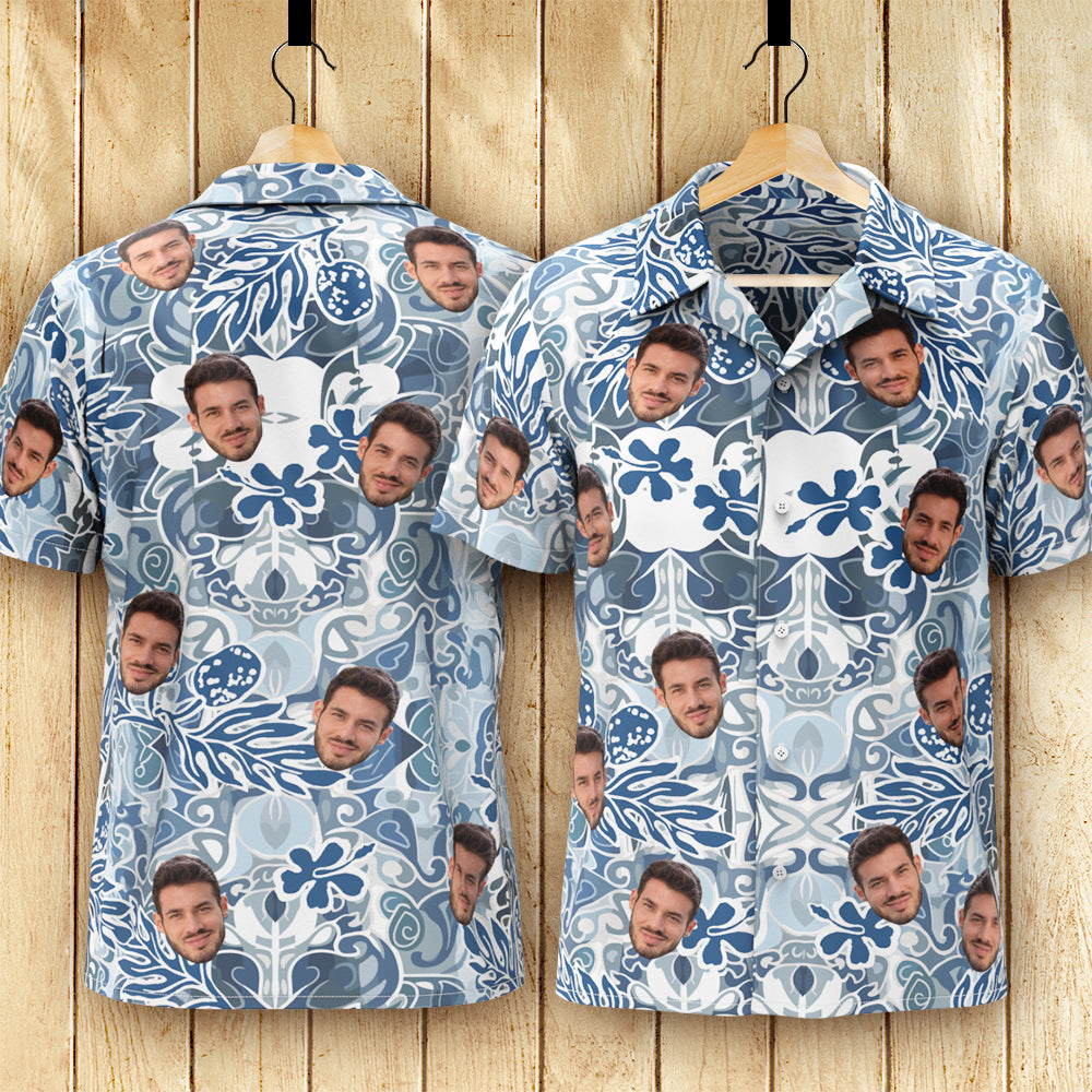 Custom Face Hawaiian Shirt Men's All Over Print Aloha Shirt Gift - Blue Vintage Pattern - MyHawaiianShirts