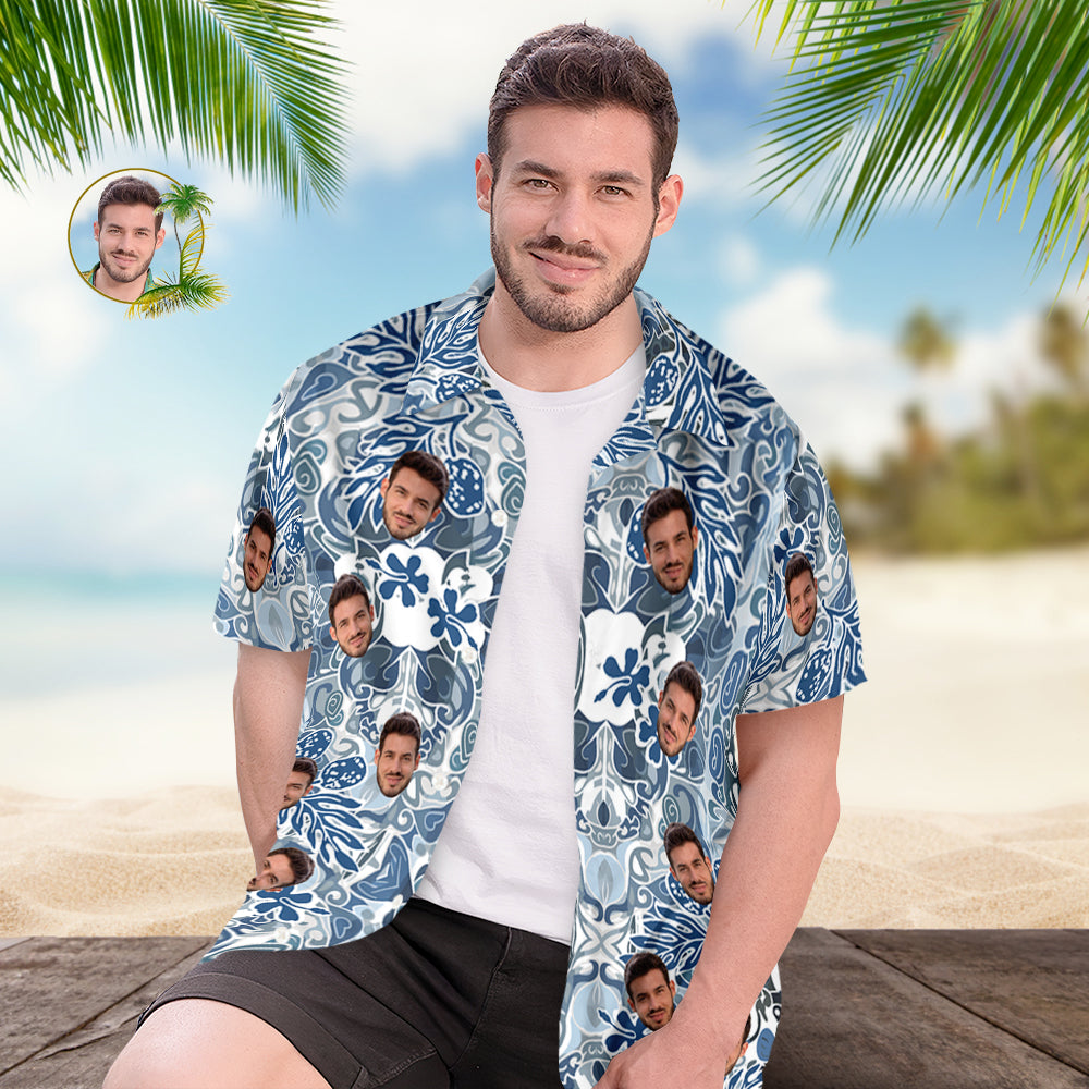Custom Face Hawaiian Shirt Men's All Over Print Aloha Shirt Gift - Blue Vintage Pattern - MyHawaiianShirts