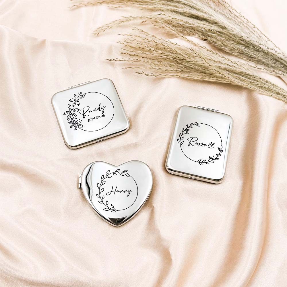 Personalized Engraved Silver Compact Mirror Favor, Custom Engraved Name Pocket Mirror, Gift for Her, Bridesmaid Gifts, Wedding Party Gifts - soufeelmy