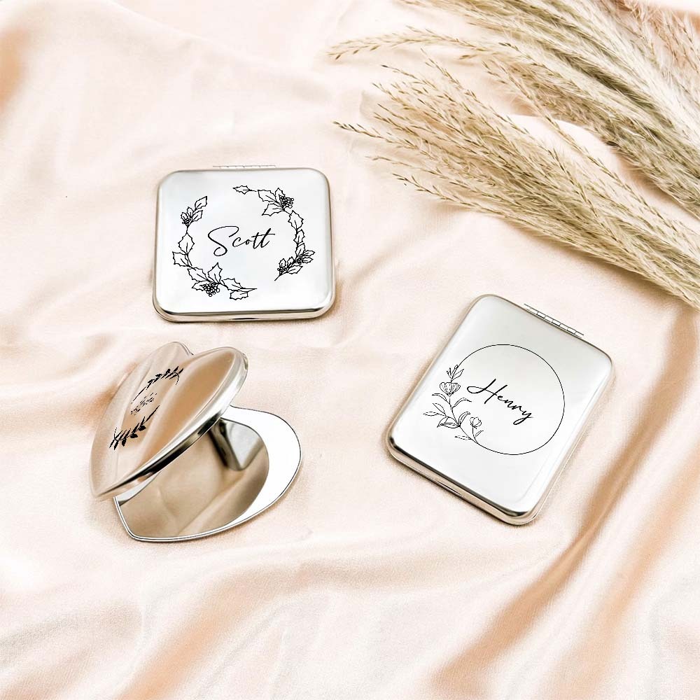 Personalized Engraved Silver Compact Mirror Favor, Custom Engraved Name Pocket Mirror, Gift for Her, Bridesmaid Gifts, Wedding Party Gifts - soufeelmy