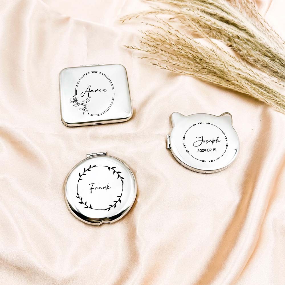 Personalized Engraved Silver Compact Mirror Favor, Custom Engraved Name Pocket Mirror, Gift for Her, Bridesmaid Gifts, Wedding Party Gifts - soufeelmy
