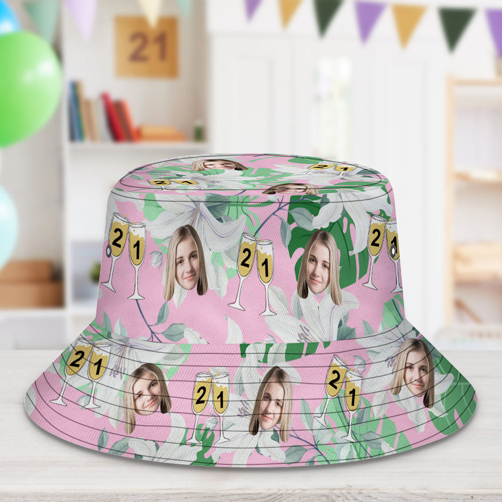 Custom Face Bucket Hat Number in Wine Glass Pink And Green Sleeves Face Bucket Hat Gift for Him - MyHawaiianShirts