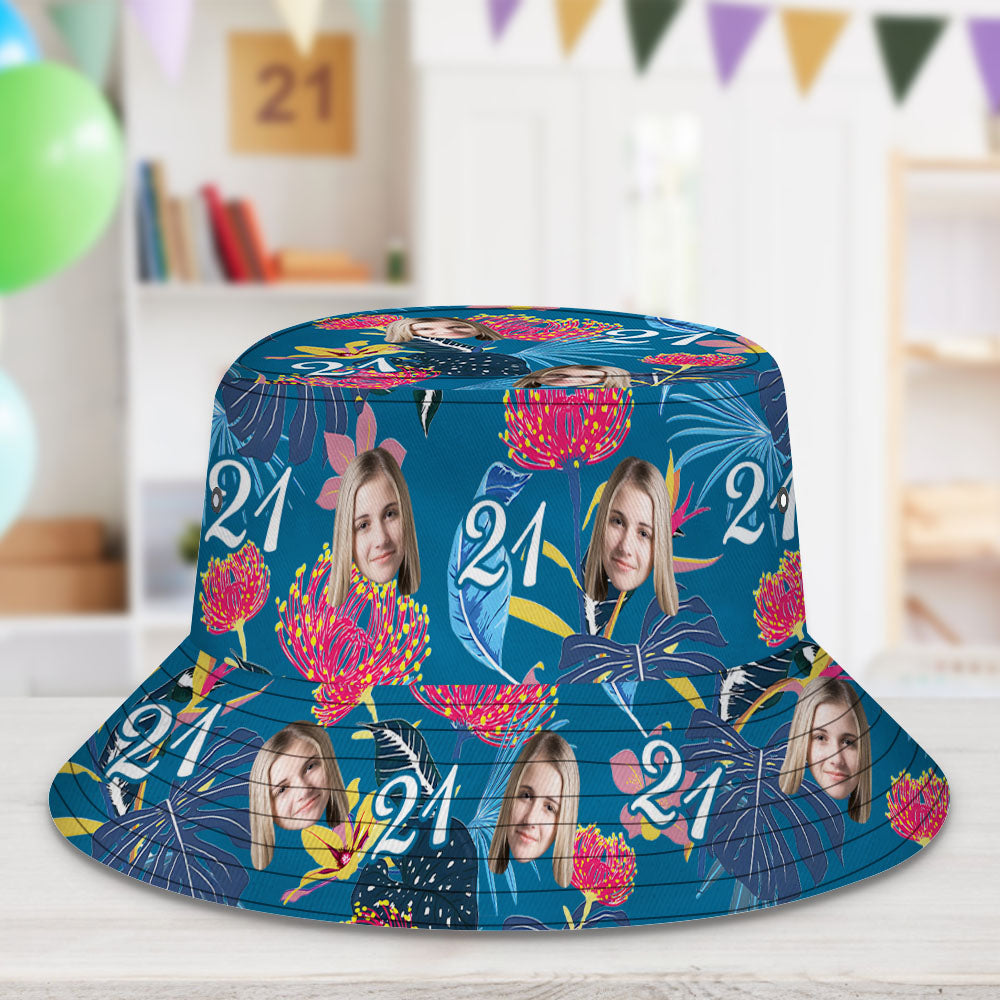 Custom Face Bucket Hat Number and Face hat Dark Blue Sleeves and Pink Flowers - MyHawaiianShirts