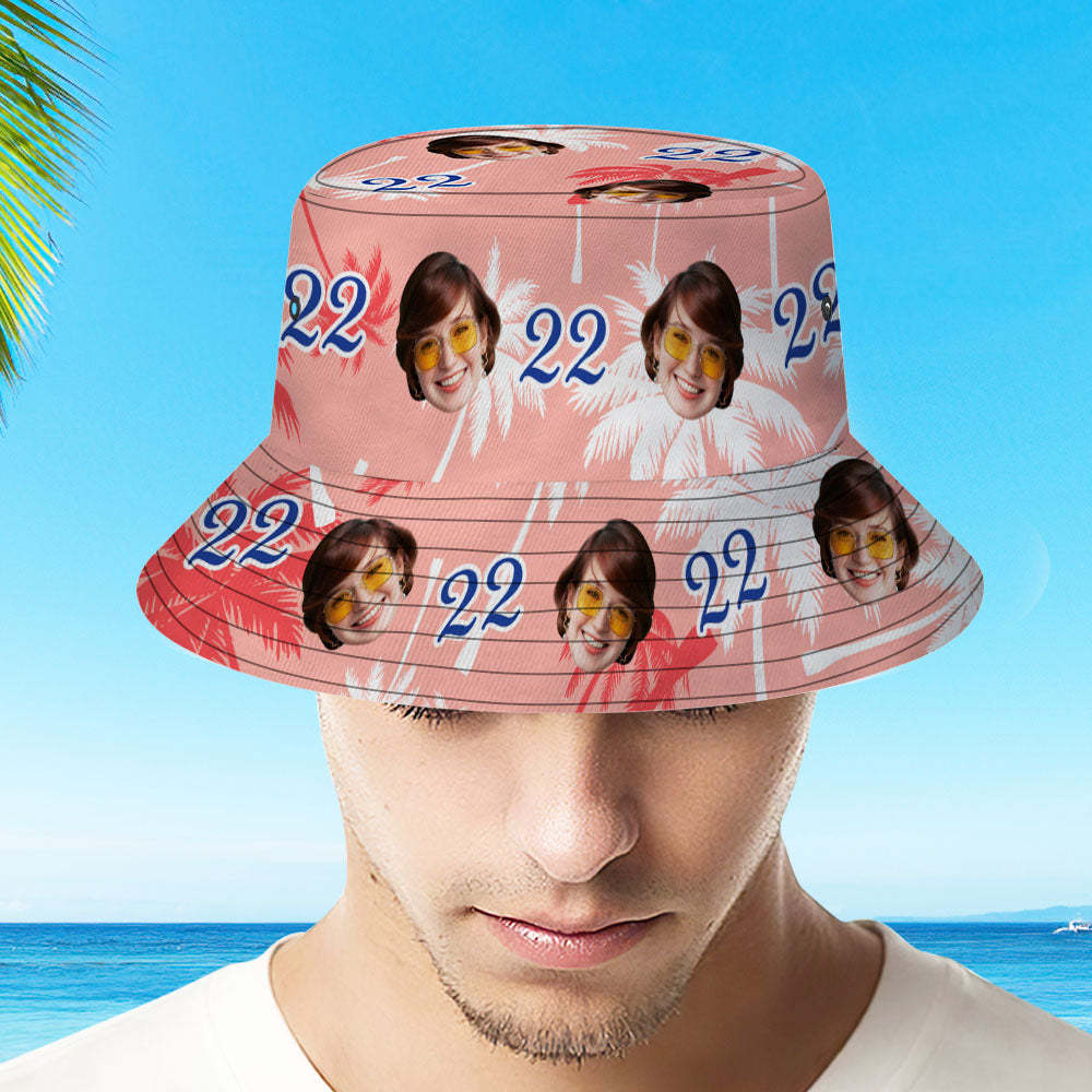 Custom Face And Number Birthday Bucket Hat Red And White Coconut Tree Hat - MyHawaiianShirts