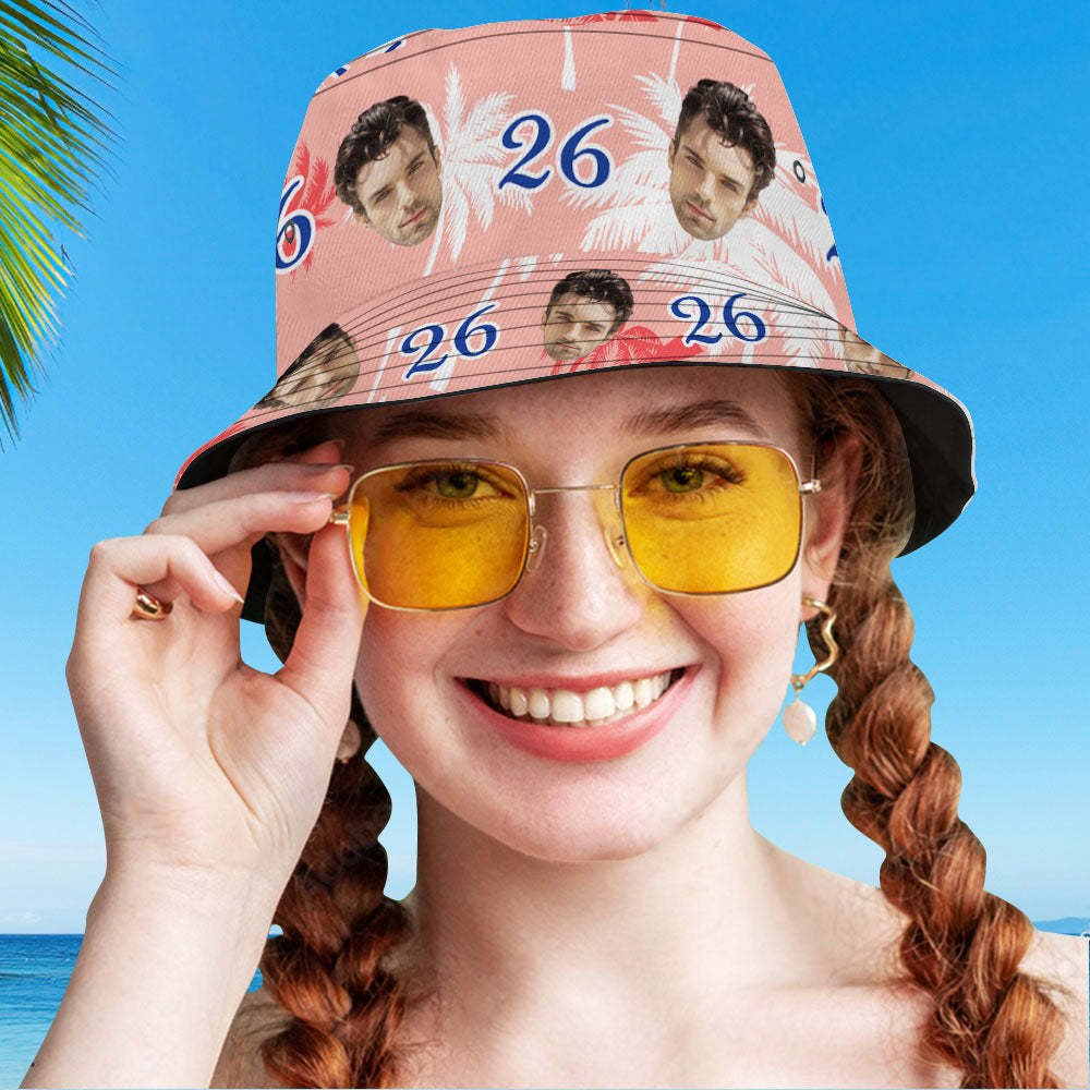 Custom Face And Number Birthday Bucket Hat Red And White Coconut Tree Hat - MyHawaiianShirts