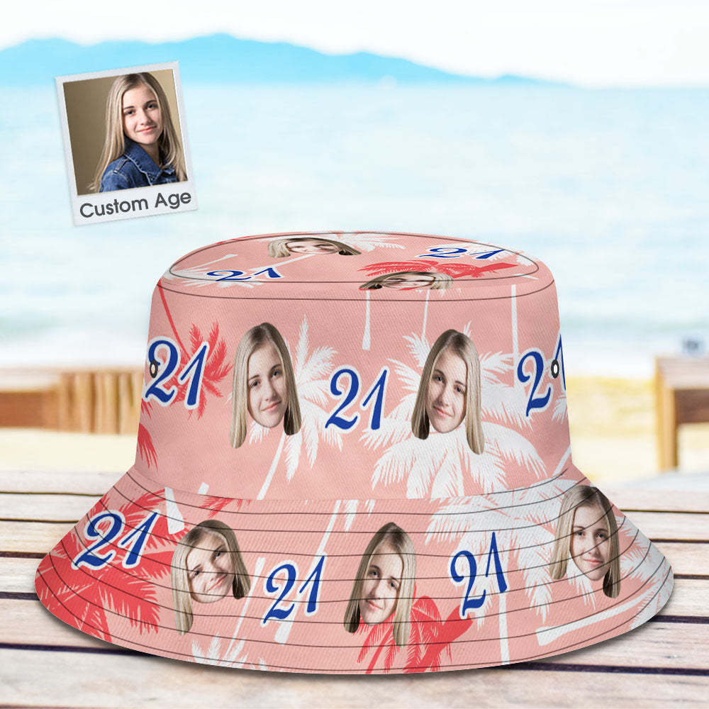 Custom Face And Number Birthday Bucket Hat Red And White Coconut Tree Hat - MyHawaiianShirts