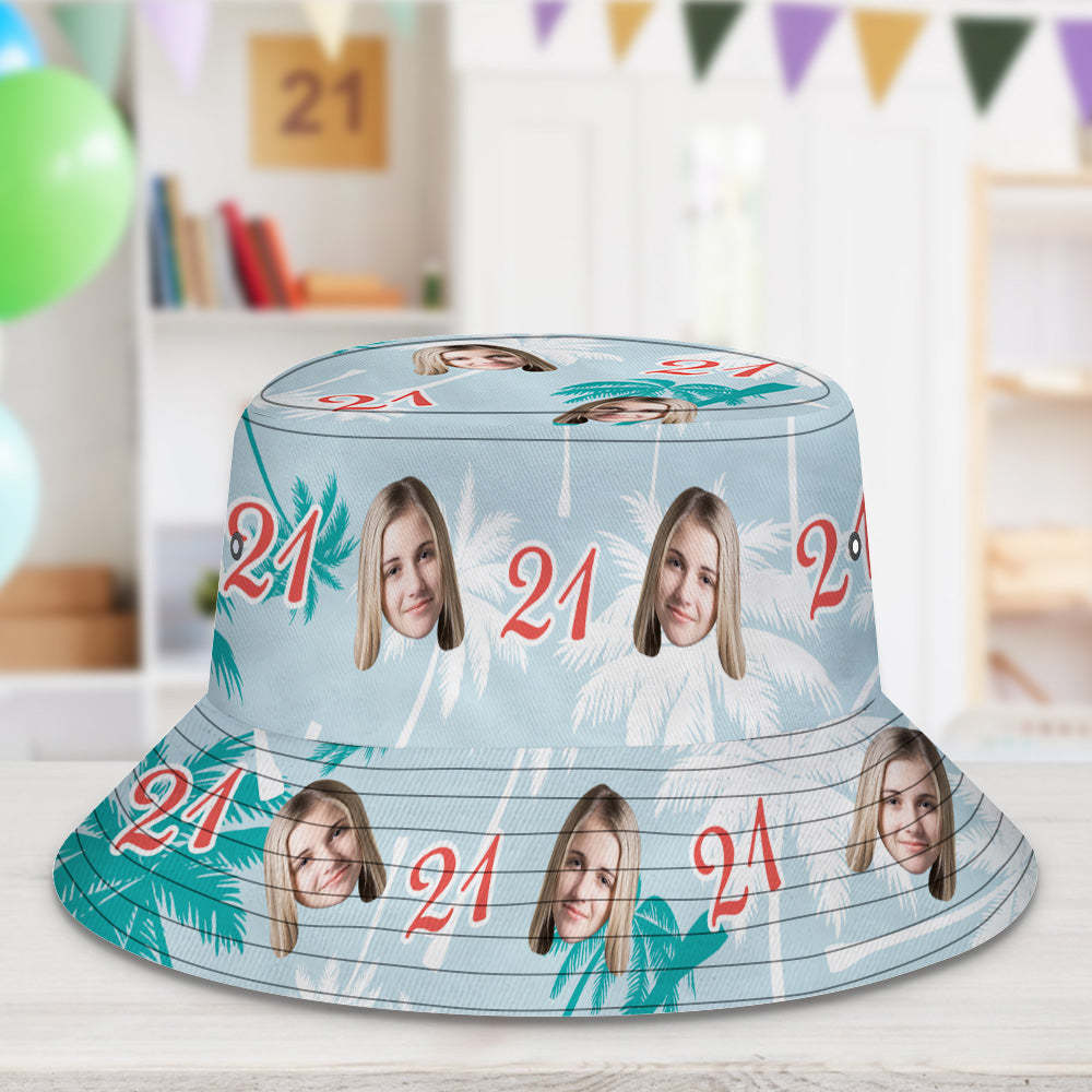 Custom Face And Number Birthday Bucket Hat Red And White Coconut Tree Hat - MyHawaiianShirts