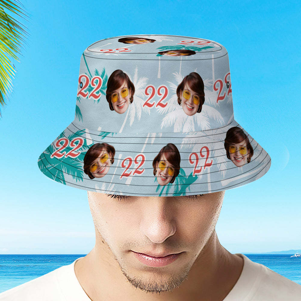 Custom Face And Number Birthday Bucket Hat Red And White Coconut Tree Hat - MyHawaiianShirts