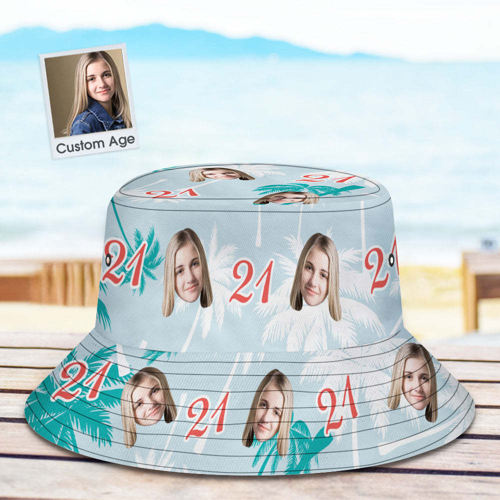 Custom Face And Number Birthday Bucket Hat Red And White Coconut Tree Hat - MyHawaiianShirts