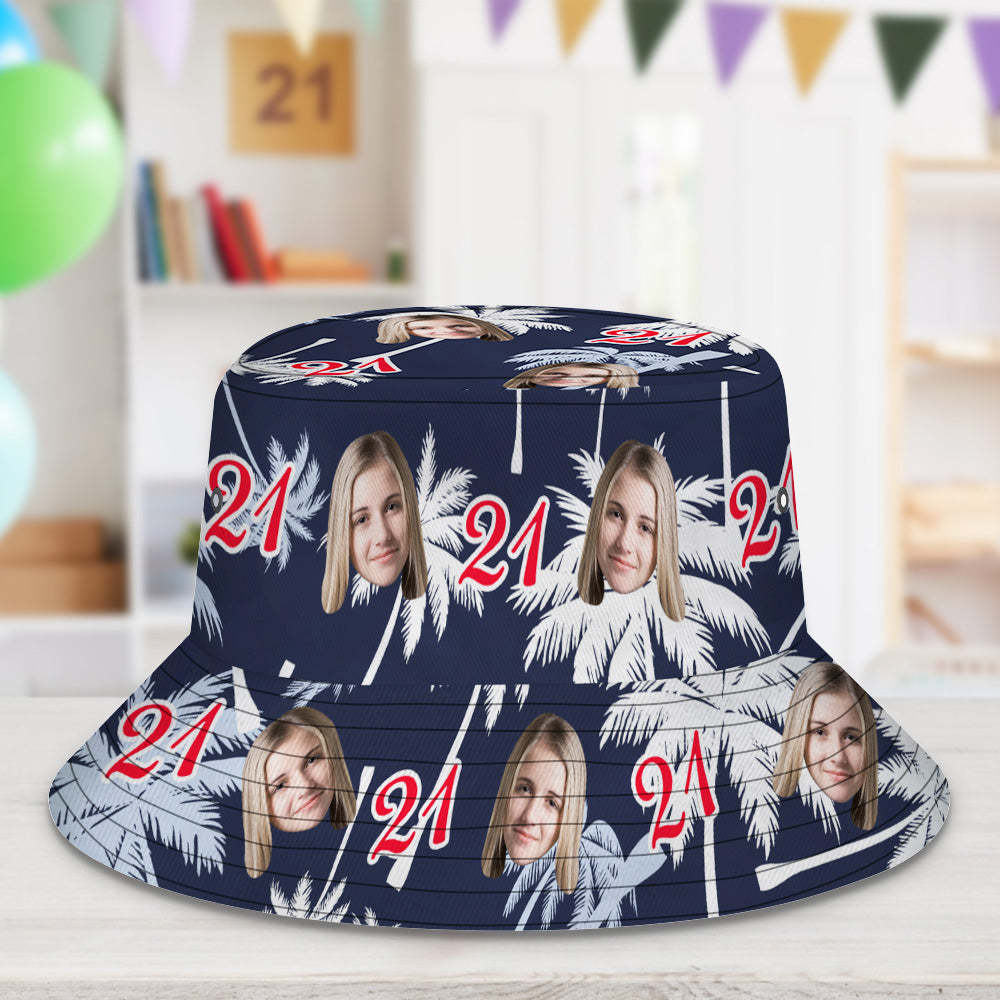 Custom Face And Number Birthday Bucket Hat Red And White Coconut Tree Hat - MyHawaiianShirts