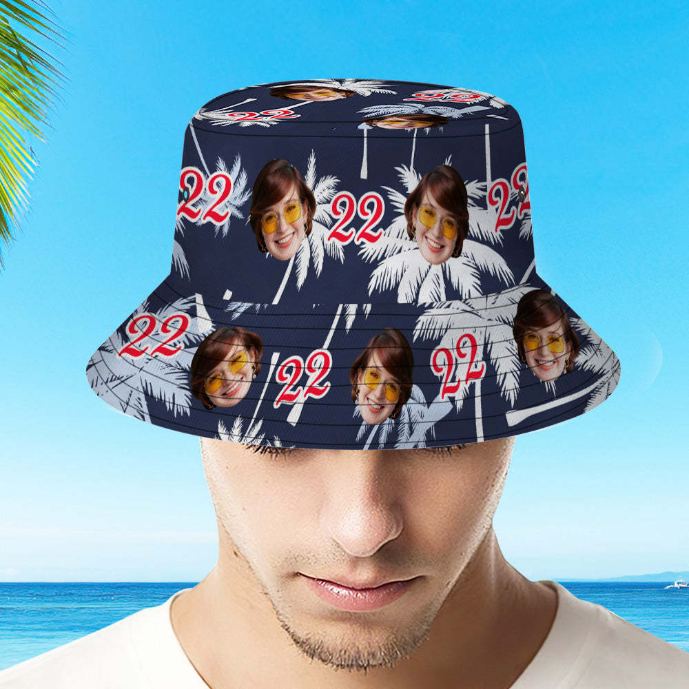 Custom Face And Number Birthday Bucket Hat Red And White Coconut Tree Hat - MyHawaiianShirts
