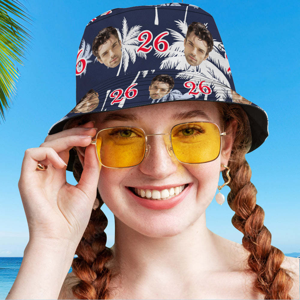 Custom Face And Number Birthday Bucket Hat Red And White Coconut Tree Hat - MyHawaiianShirts