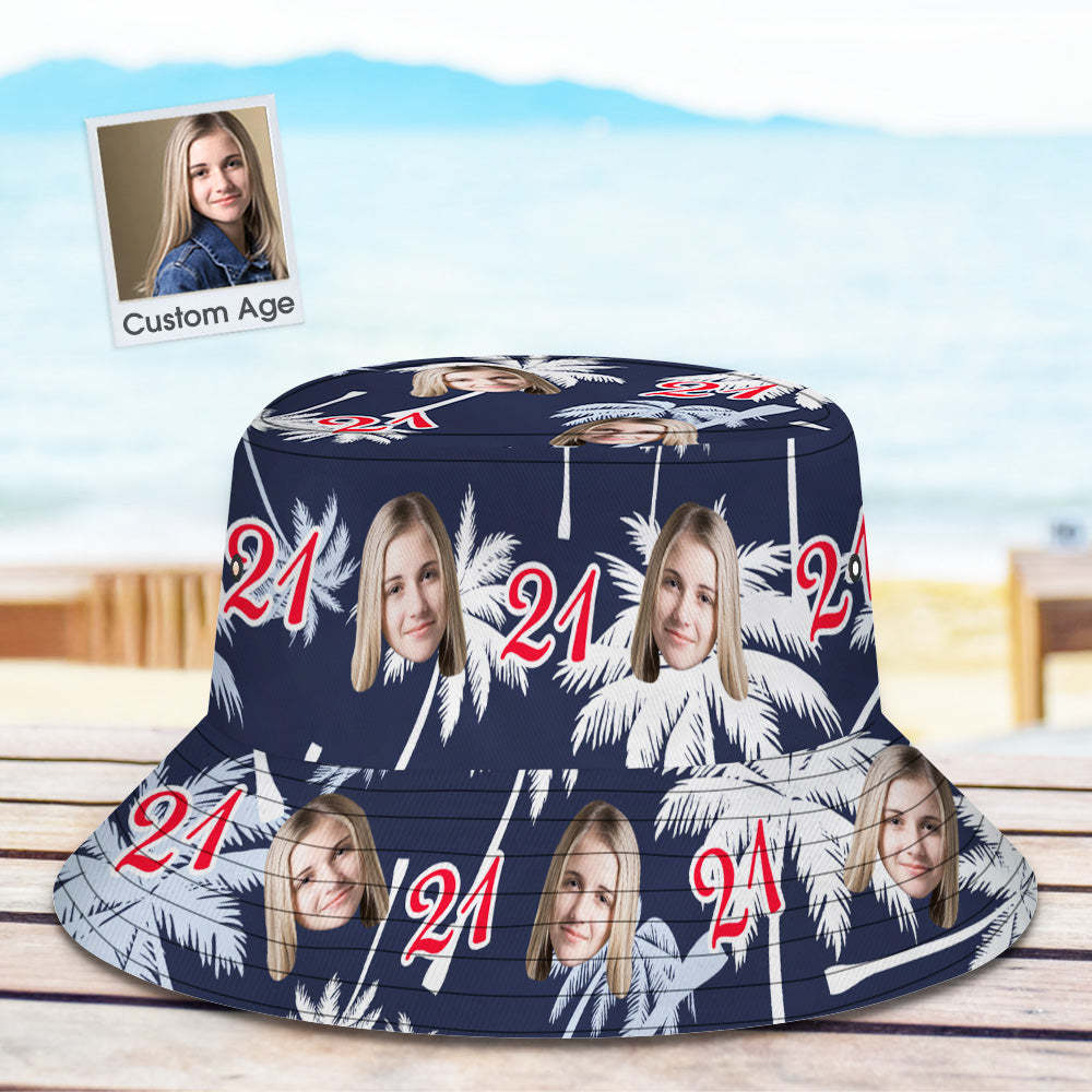 Custom Face And Number Birthday Bucket Hat Red And White Coconut Tree Hat - MyHawaiianShirts