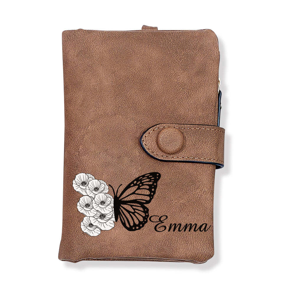 Custom Tri-Fold Butterfly Birth Flower Leather Wallet with Coin Holder Personalized Mother's Day Gift for Woman - soufeelmy