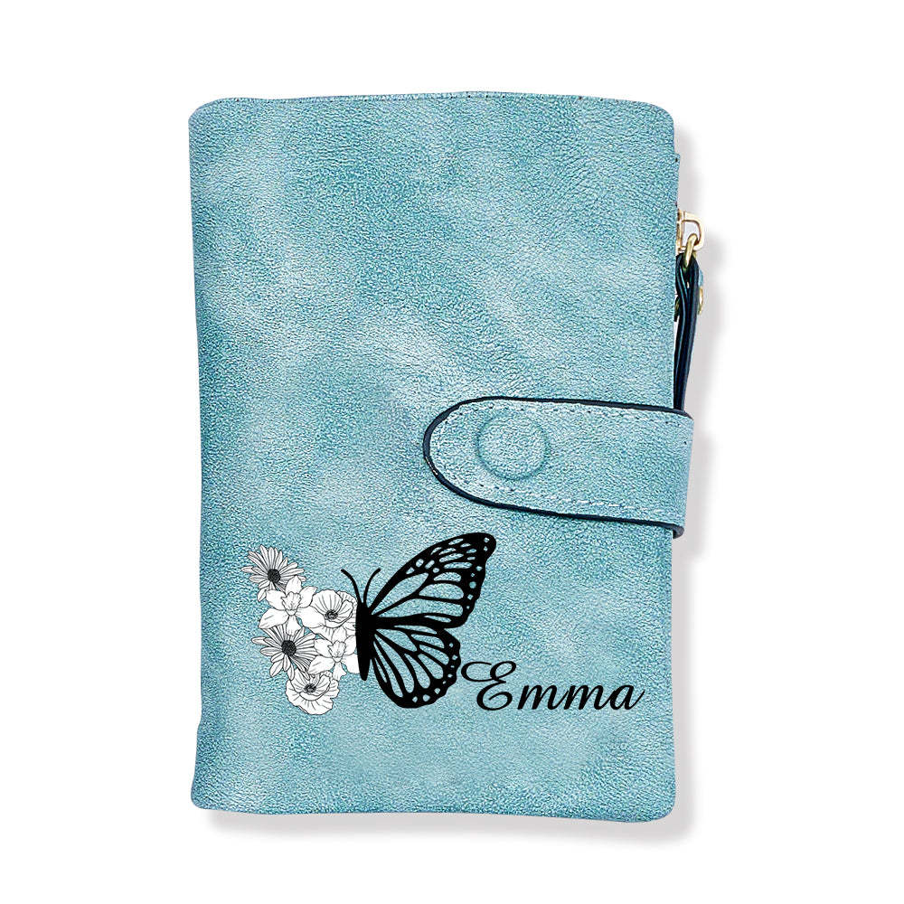 Custom Tri-Fold Butterfly Birth Flower Leather Wallet with Coin Holder Personalized Mother's Day Gift for Woman - soufeelmy