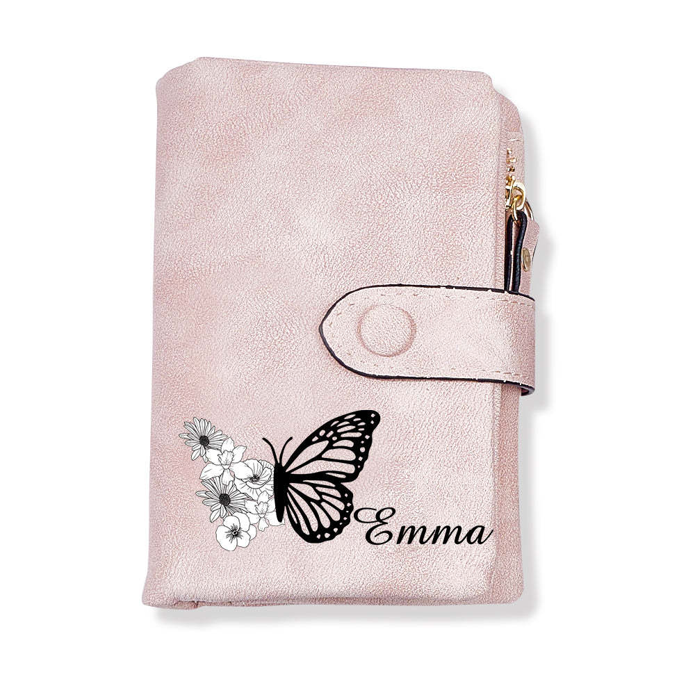 Custom Tri-Fold Butterfly Birth Flower Leather Wallet with Coin Holder Personalized Mother's Day Gift for Woman - soufeelmy