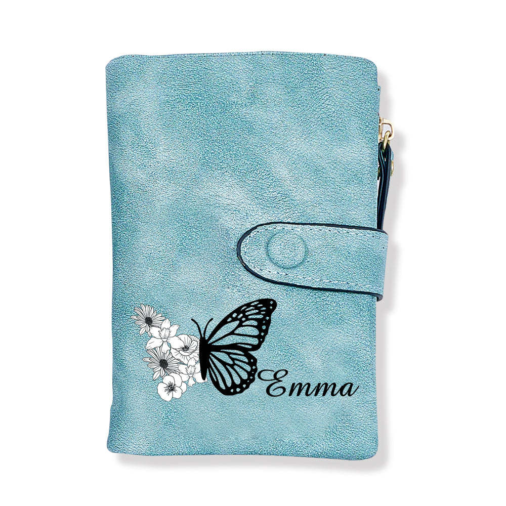 Custom Tri-Fold Butterfly Birth Flower Leather Wallet with Coin Holder Personalized Mother's Day Gift for Woman - soufeelmy