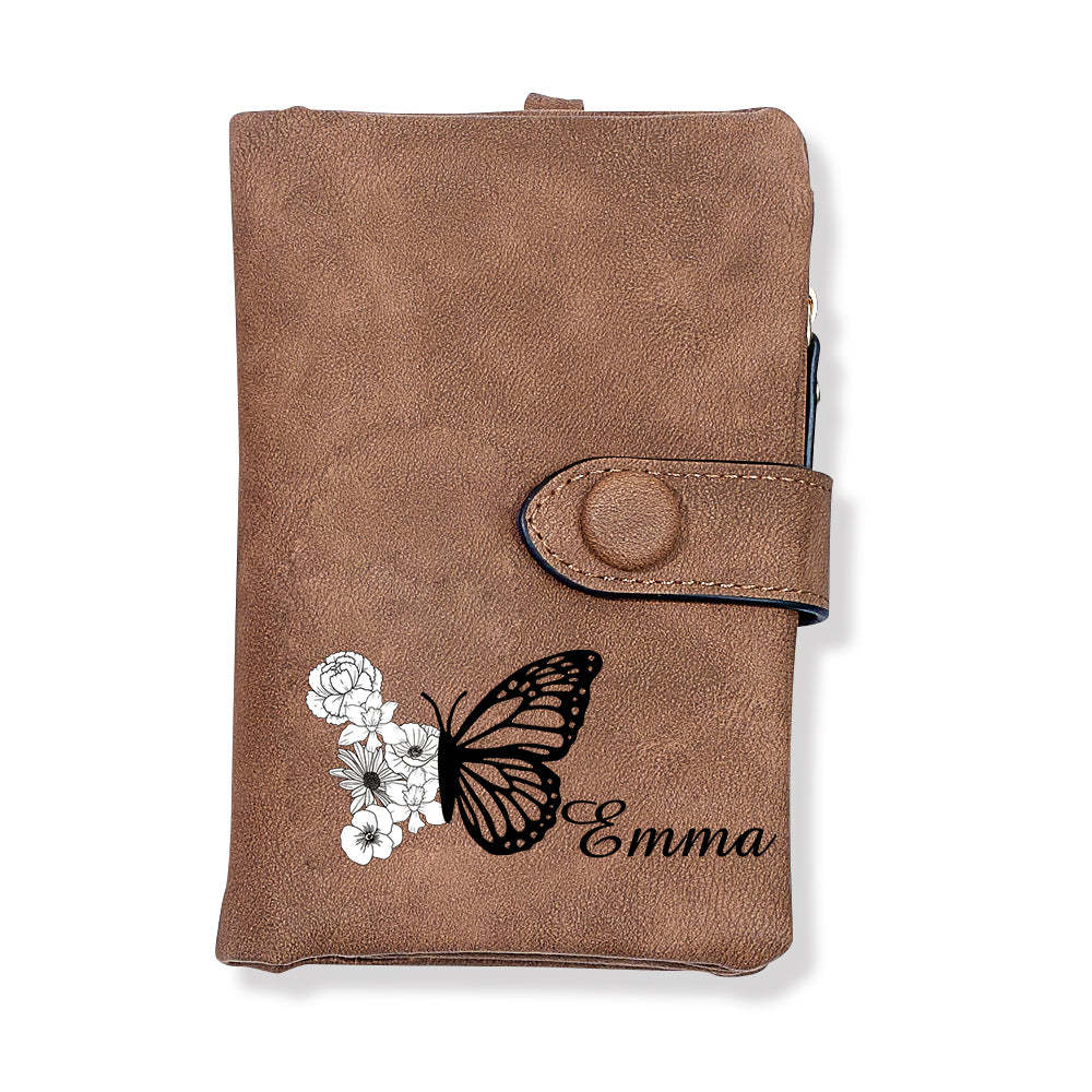 Custom Tri-Fold Butterfly Birth Flower Leather Wallet with Coin Holder Personalized Mother's Day Gift for Woman - soufeelmy