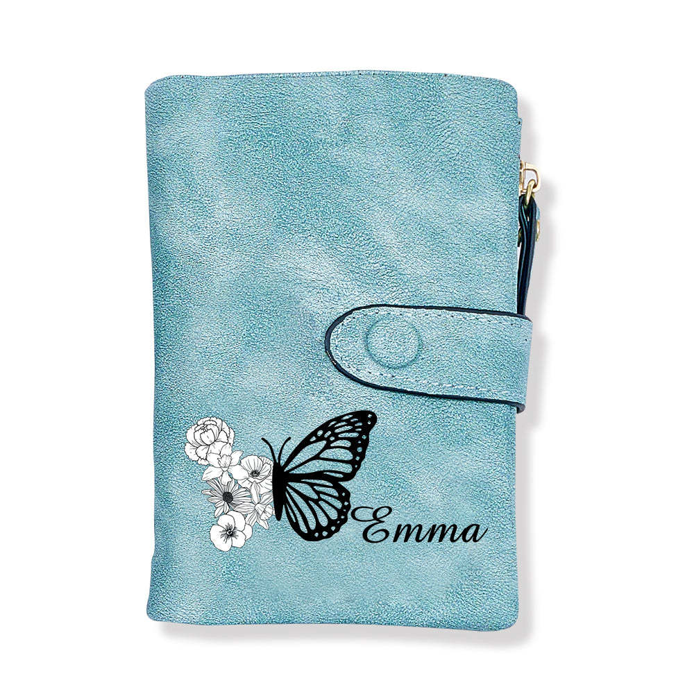 Custom Tri-Fold Butterfly Birth Flower Leather Wallet with Coin Holder Personalized Mother's Day Gift for Woman - soufeelmy