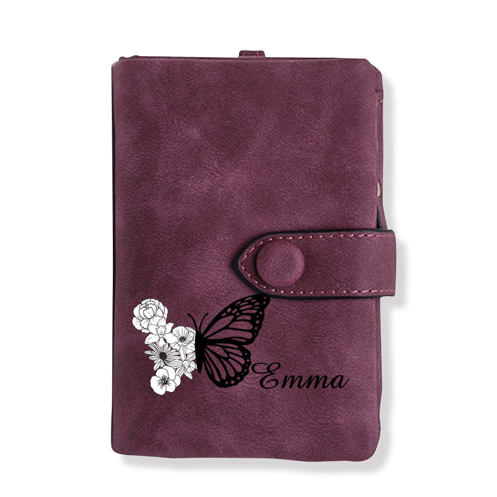 Custom Tri-Fold Butterfly Birth Flower Leather Wallet with Coin Holder Personalized Mother's Day Gift for Woman - soufeelmy