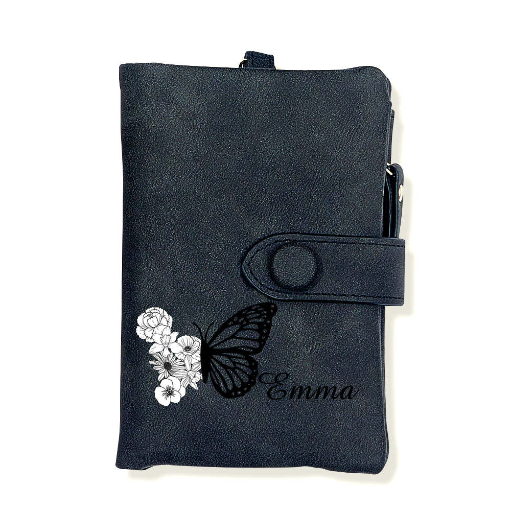 Custom Tri-Fold Butterfly Birth Flower Leather Wallet with Coin Holder Personalized Mother's Day Gift for Woman - soufeelmy