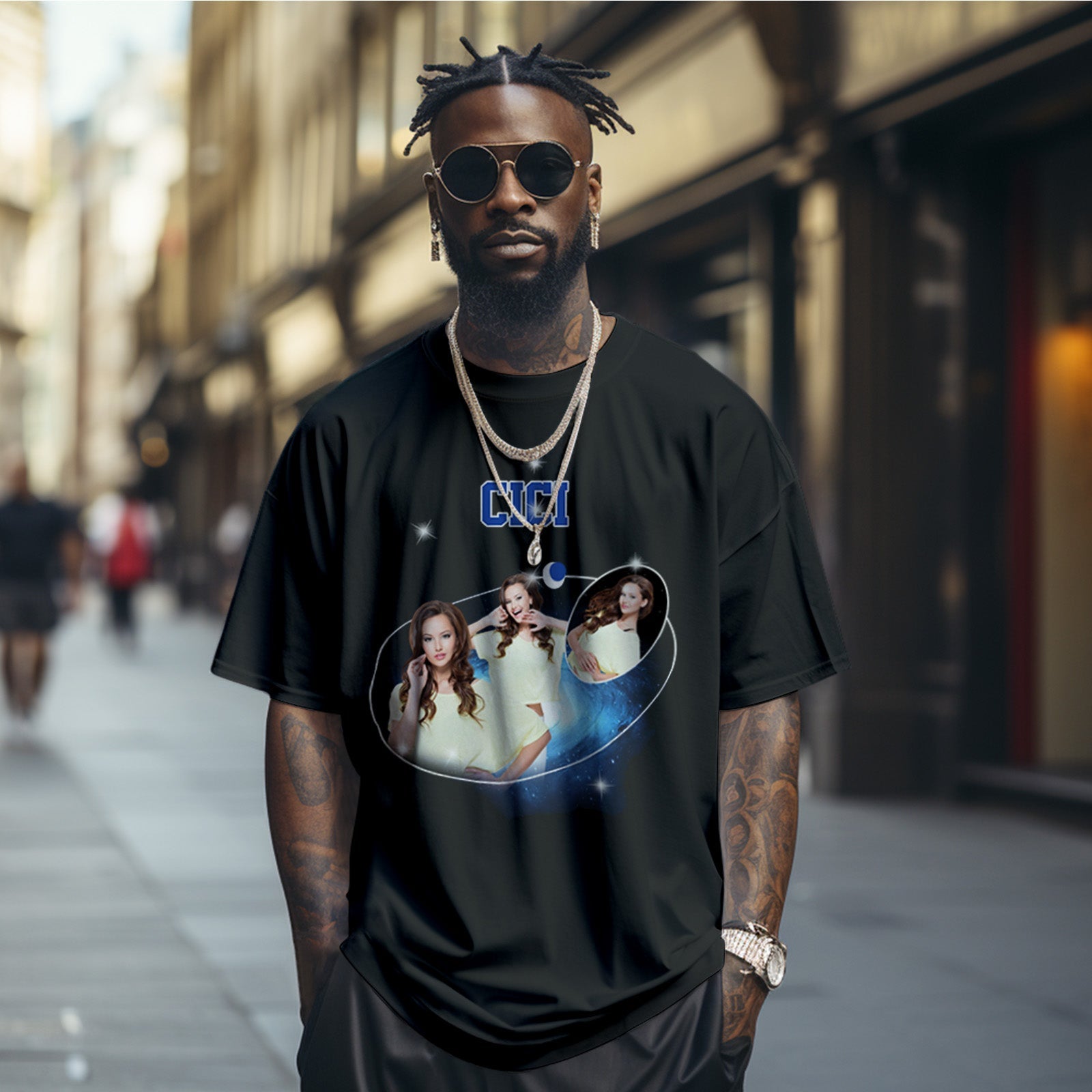 Custom Photo and Name Vintage T-Shirt Cosmic Galaxy and Crescent Moon Vintage T-Shirt Gift For Men - MyHawaiianShirts