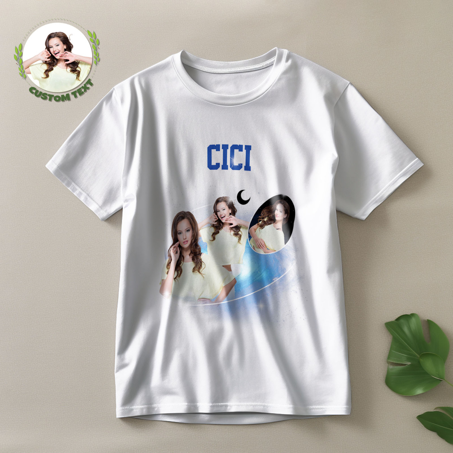 Custom Photo and Name Vintage T-Shirt Cosmic Galaxy and Crescent Moon Vintage T-Shirt Gift for Women - MyHawaiianShirts