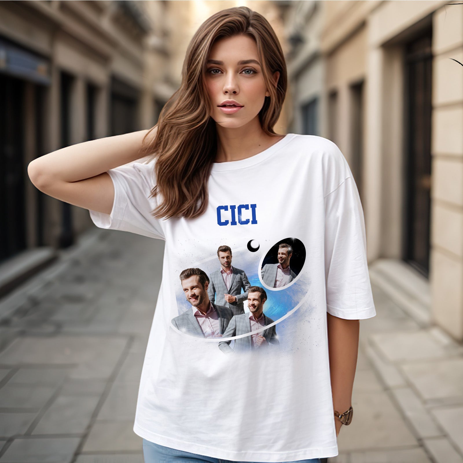 Custom Photo and Name Vintage T-Shirt Cosmic Galaxy and Crescent Moon Vintage T-Shirt Gift for Women - MyHawaiianShirts