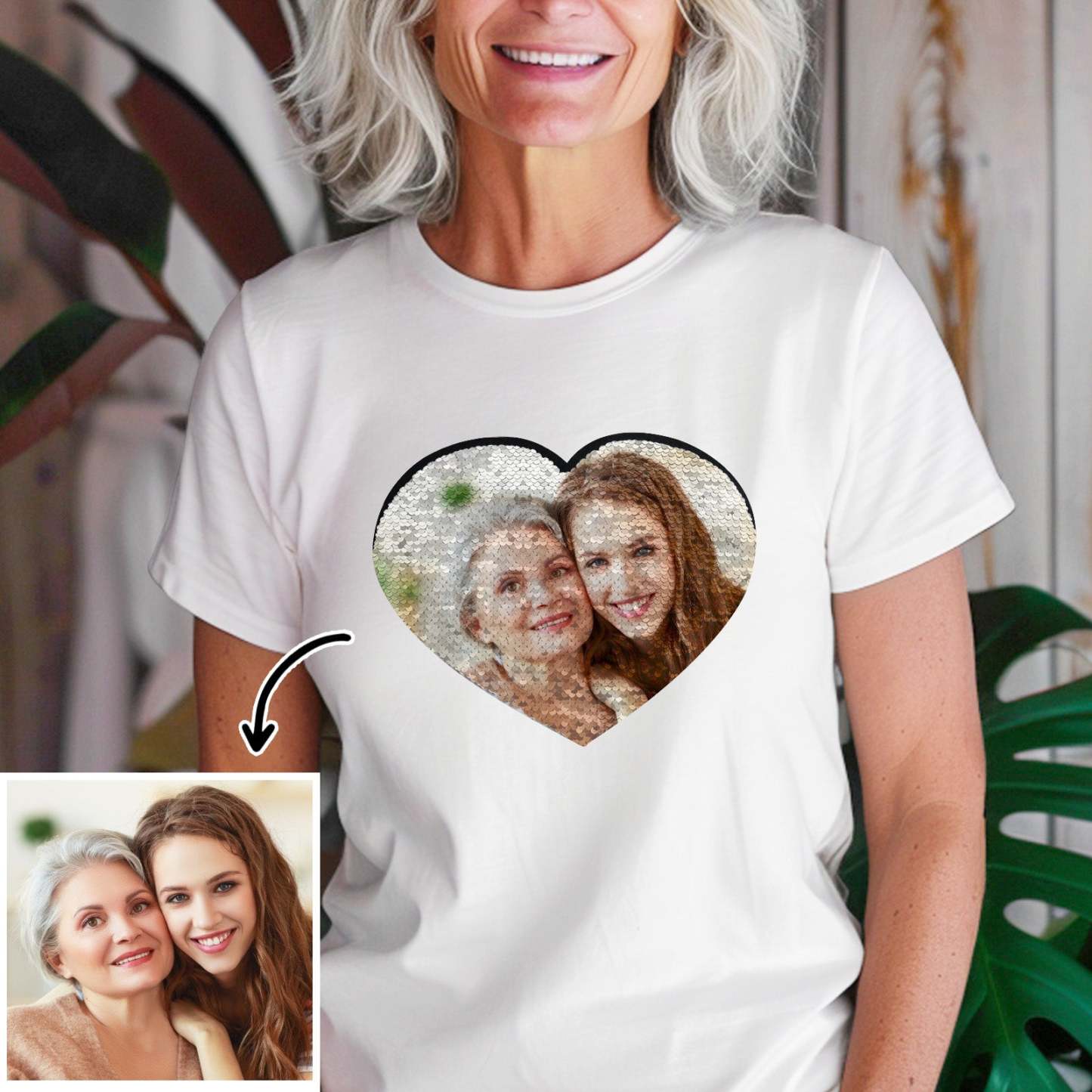 Custom Photo Heart Flip Double Sided Sequin T-shirt Personalized Picture Sequin Tee Mother's Day Gifts - soufeelmy