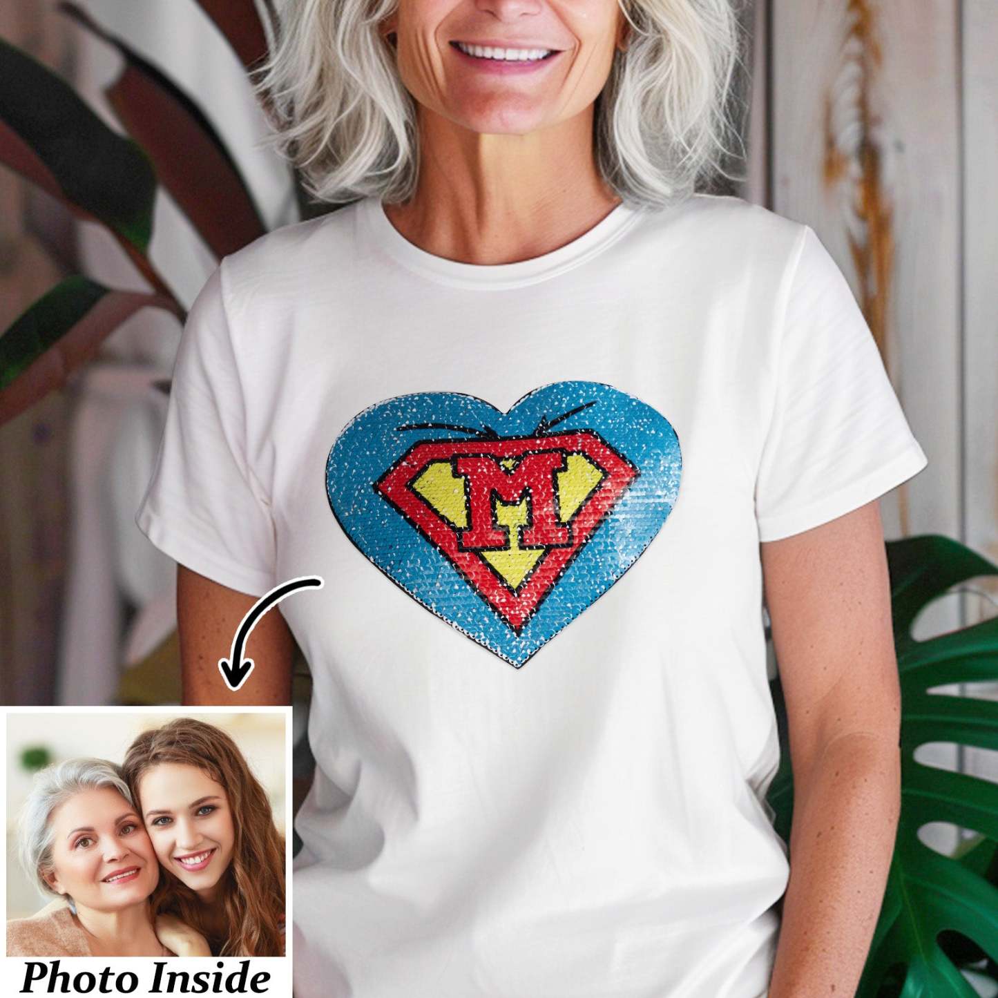 Custom Photo Heart Flip Double Sided Sequin T-shirt Personalized Picture Sequin Tee Mother's Day Gifts - soufeelmy