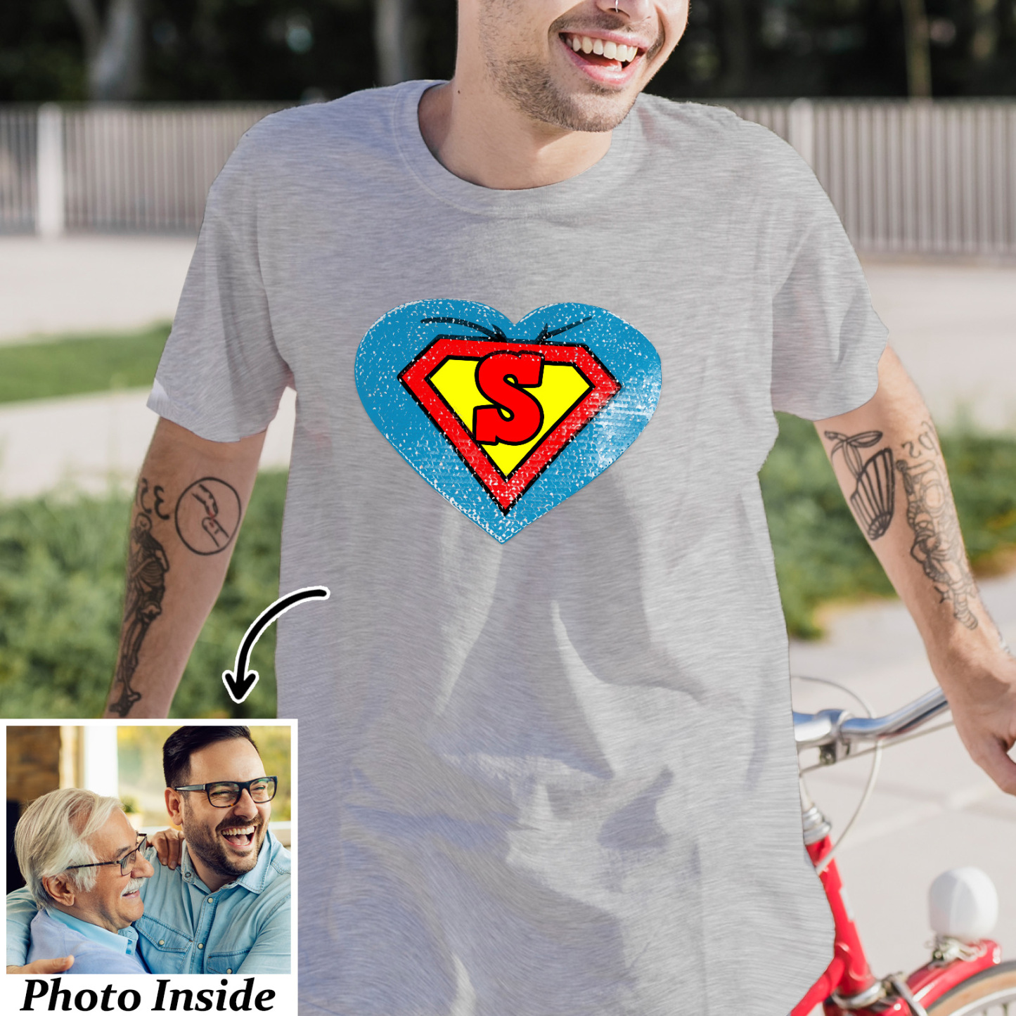 Custom Photo Heart Flip Double Sided Sequin T-shirt Personalized Picture Sequin Tee Father's Day Gifts Super Dad - soufeelmy
