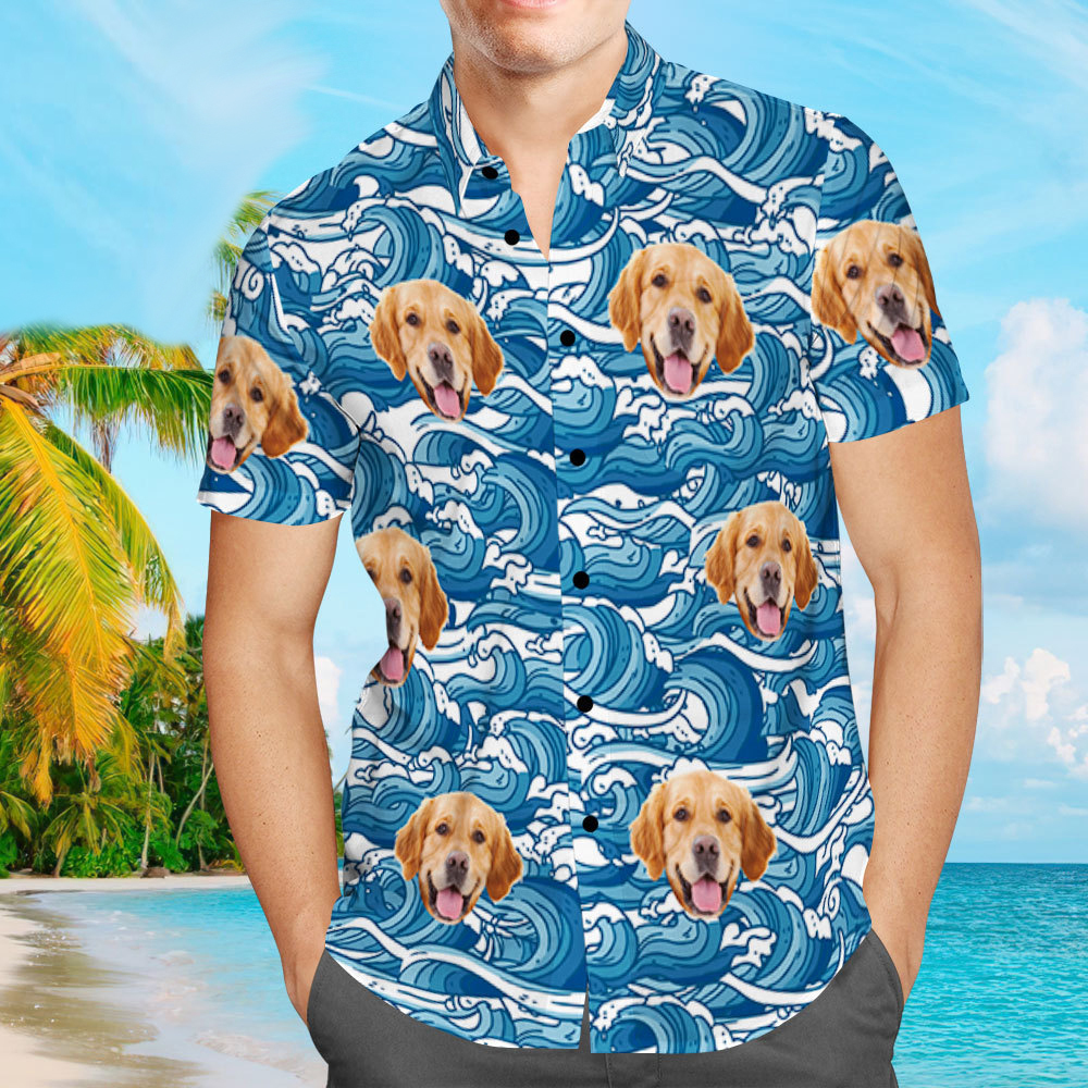 Custom Hawaiian Shirts Dog Face Waves Design Aloha Beach Shirt For Men