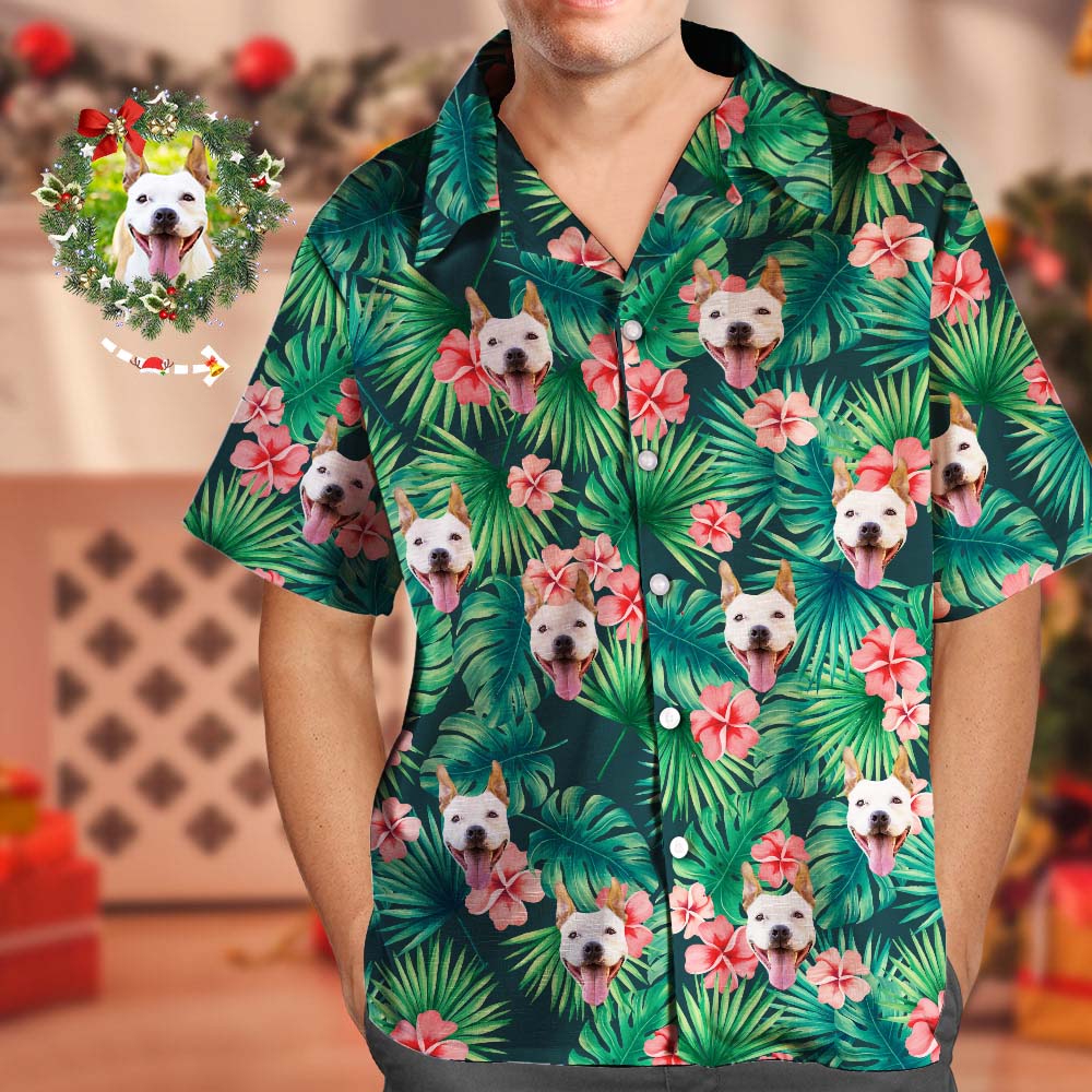 Custom Tropical Shirts Custom Dog Face Hawaiian Shirt Leaves & Flowers Shirt