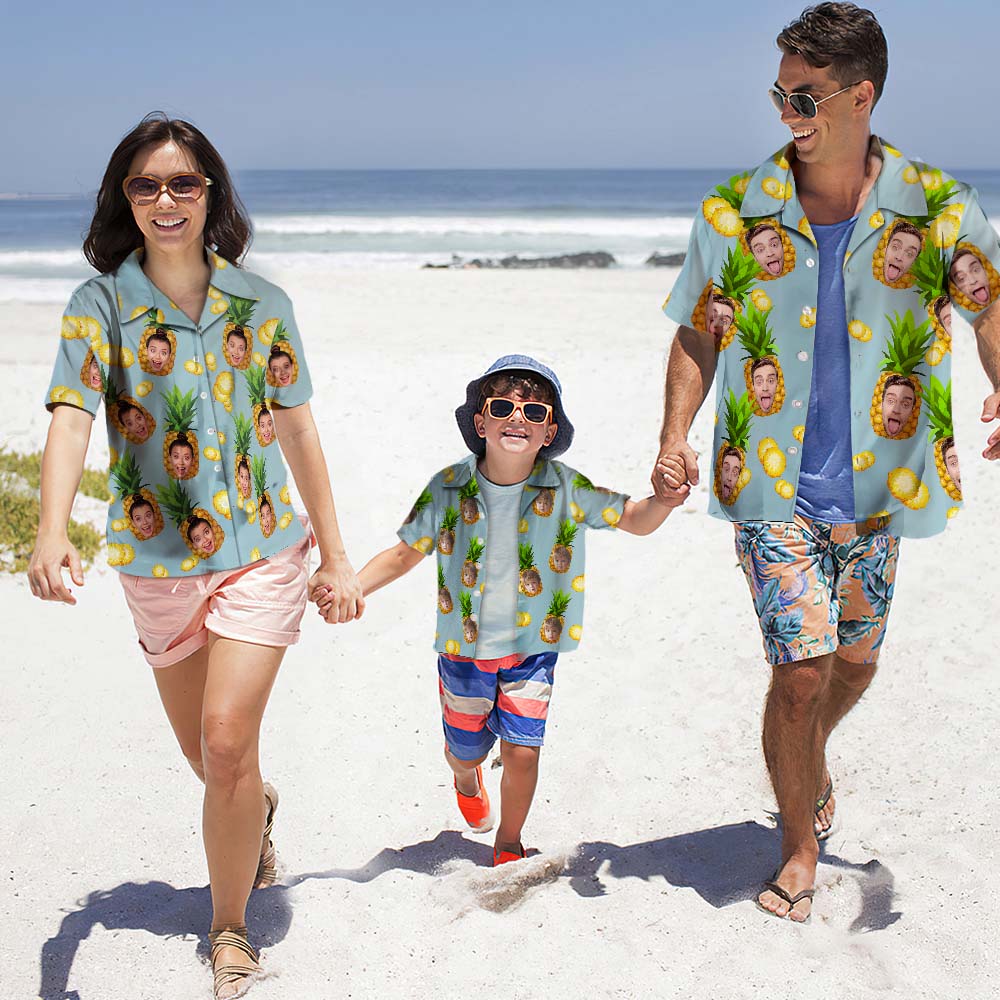 Custom Photo Hawaiian Shirt Parent-child Wears Personalised Face Hawaiian Shirt Gift Big Pineapple