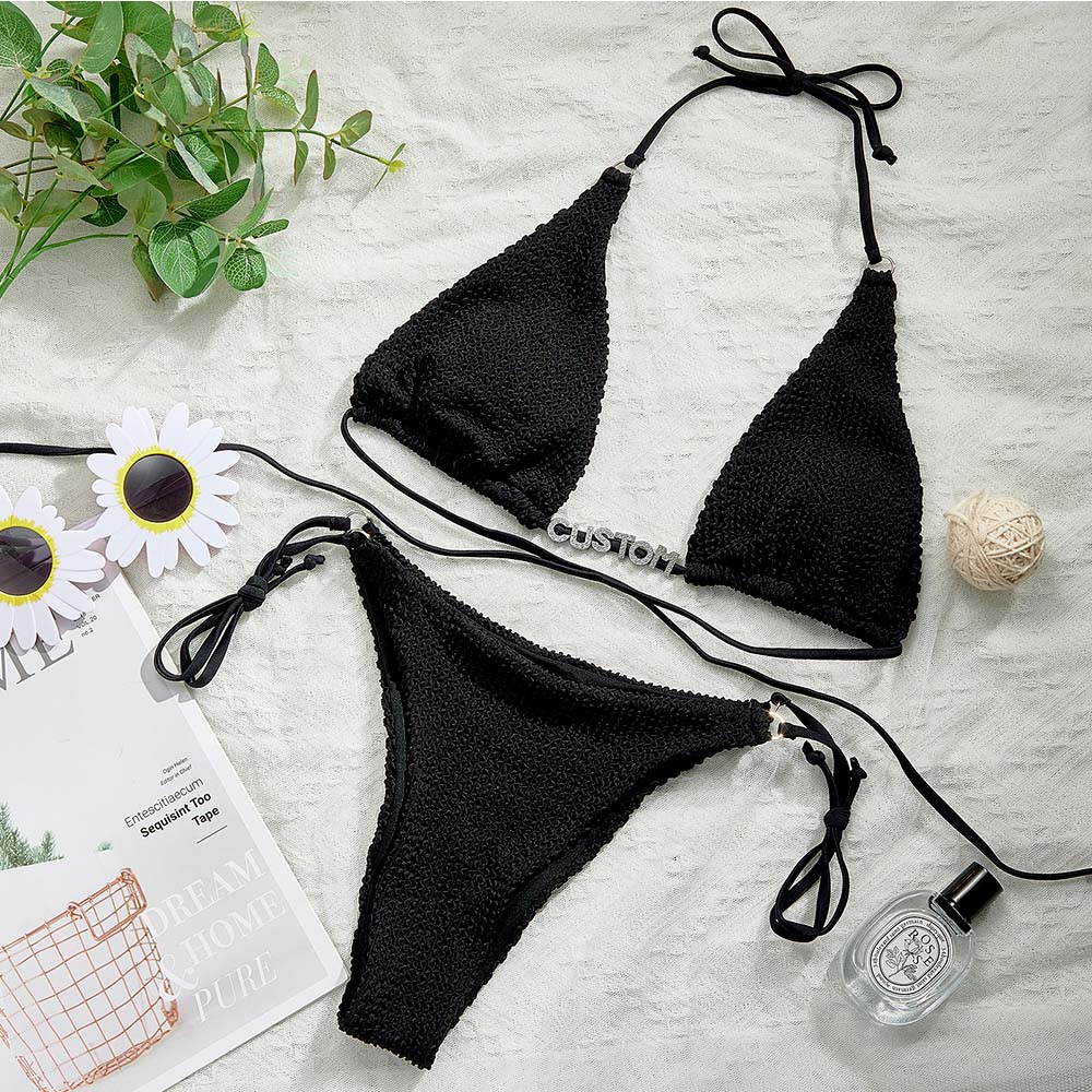 Custom Name Waist Band Halter Triangle Tie Side Bikini Sets Personalized DIY Crystal Letters Bikini - soufeelmy