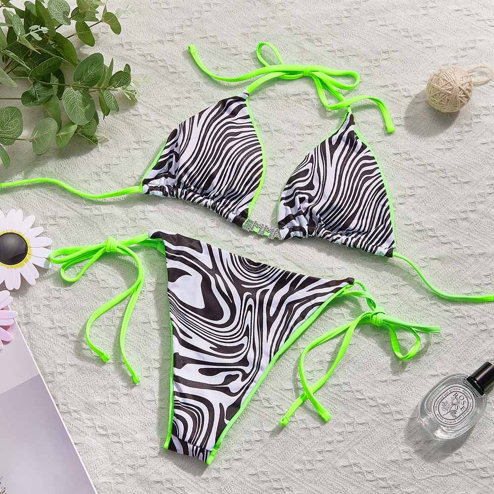 Custom Name Zebra Triangle Halter Bikini Sets Personalized Sexy DIY Crystal Letters Bikini - soufeelmy