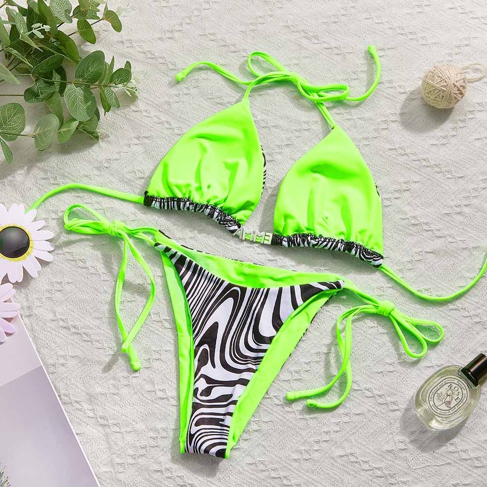Custom Name Zebra Triangle Halter Bikini Sets Personalized Sexy DIY Crystal Letters Bikini - soufeelmy