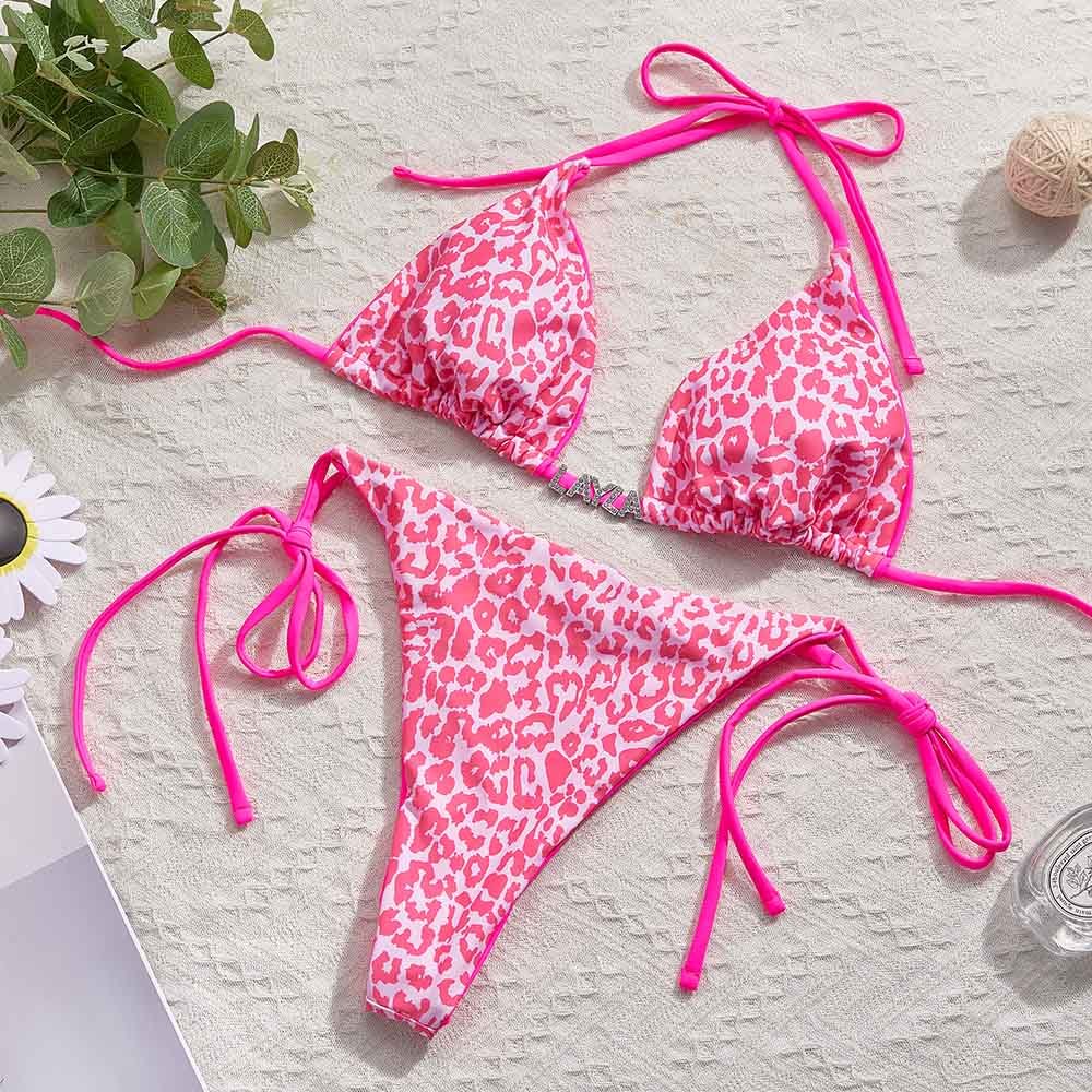 Custom Name Leopard Triangle Halter Bikini Sets Personalized Sexy DIY Crystal Letters Bikini - soufeelmy