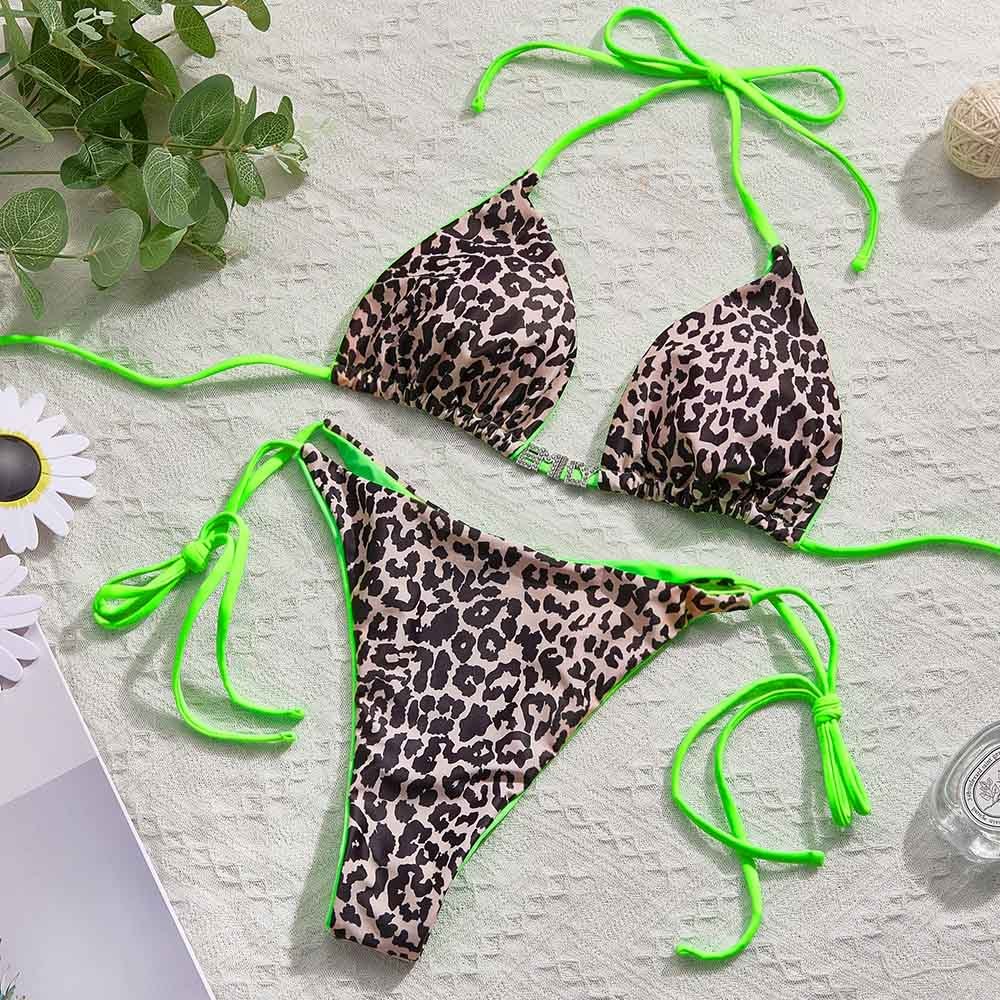 Custom Name Leopard Triangle Halter Bikini Sets Personalized Sexy DIY Crystal Letters Bikini - soufeelmy