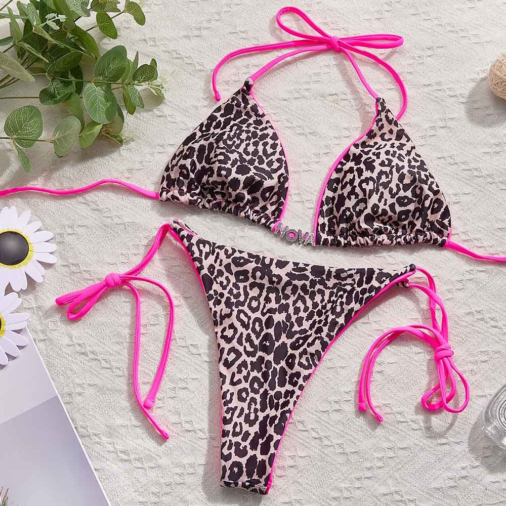 Custom Name Leopard Triangle Halter Bikini Sets Personalized Sexy DIY Crystal Letters Bikini - soufeelmy