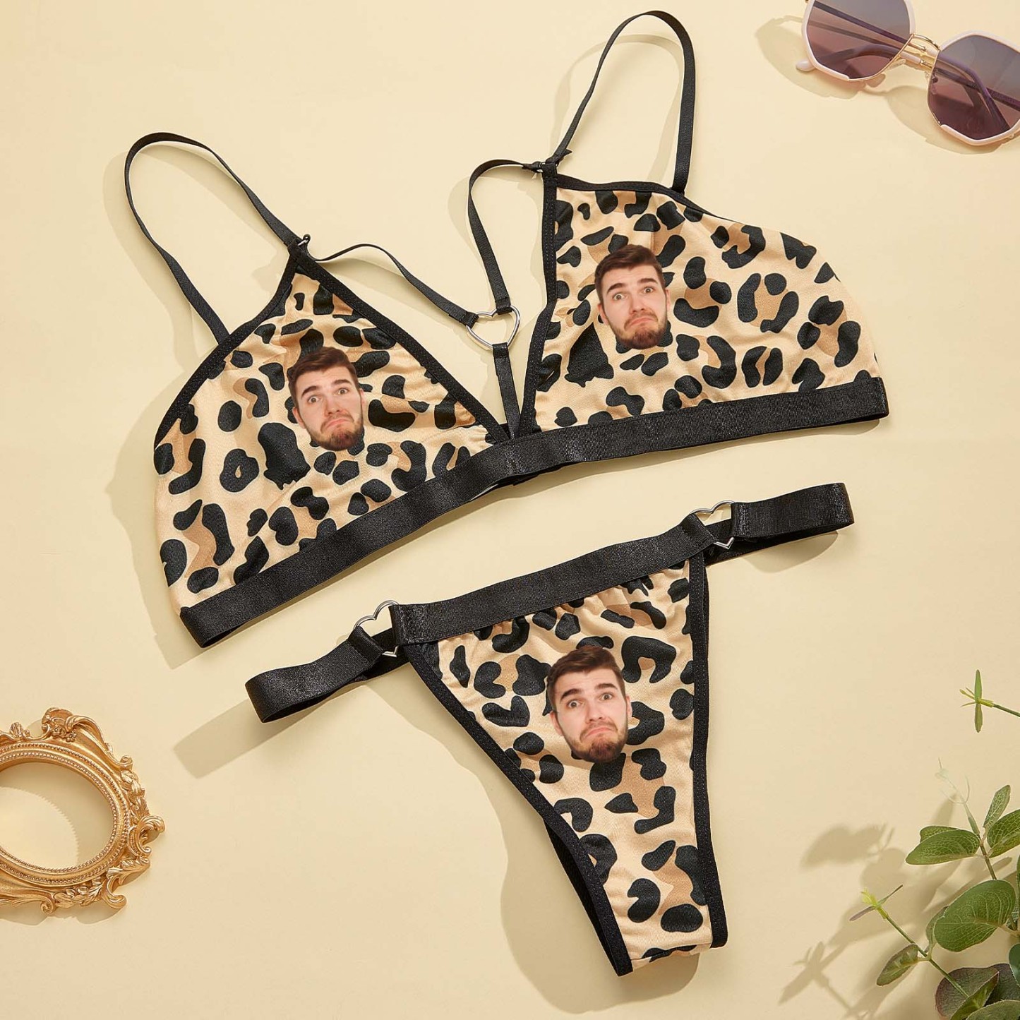 Custom Name and Face Leopard Bikini Sets DIY Personalized Crystal Letters Sexy Swimsuit Sets - soufeelmy
