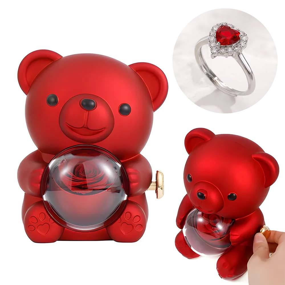 Adjustable Love Ring Couple Ring with Rose Bear Giftbox for Her - soufeelmy