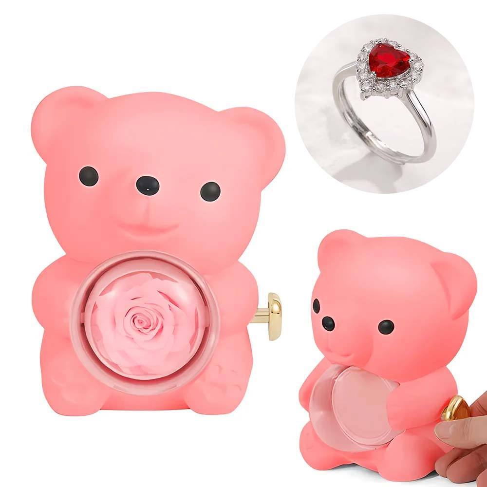 Adjustable Love Ring Couple Ring with Rose Bear Giftbox for Her - soufeelmy