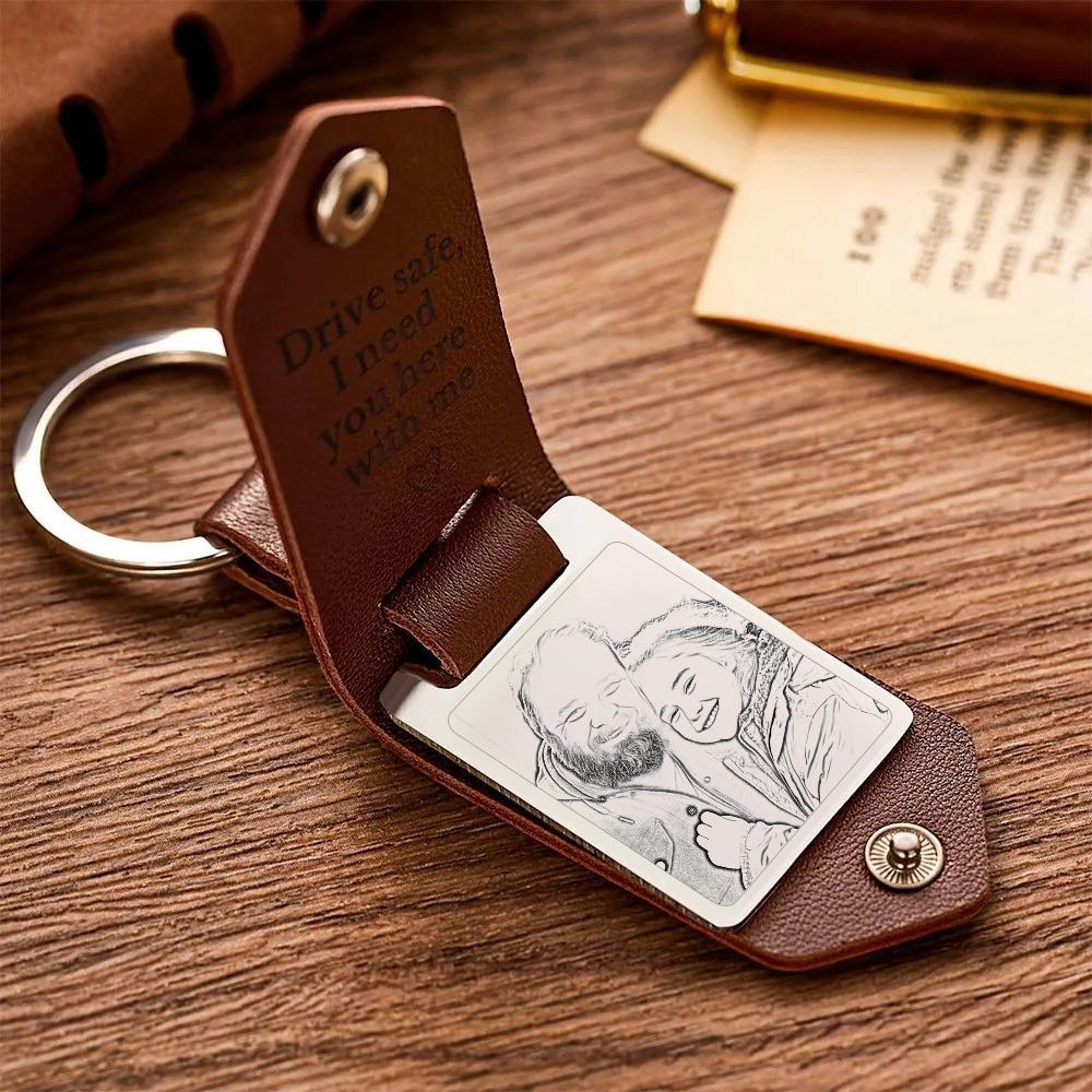 Personalized Leather Keychain Drive Safe Significant Custom Photo Keychain Anniversary Gifts For Father - soufeelmy