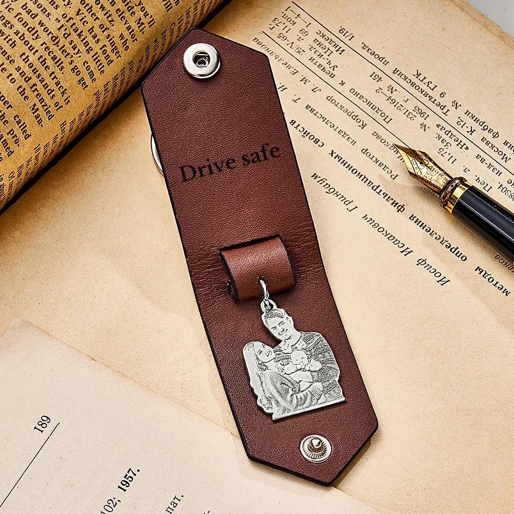 Custom Photo Leather Drive Safe Keychain With Engraved Text Key Ring Annivesary Gifts For Father - soufeelmy