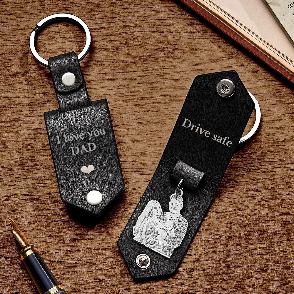 Custom Photo Leather Drive Safe Keychain With Engraved Text Key Ring Annivesary Gifts For Father - soufeelmy